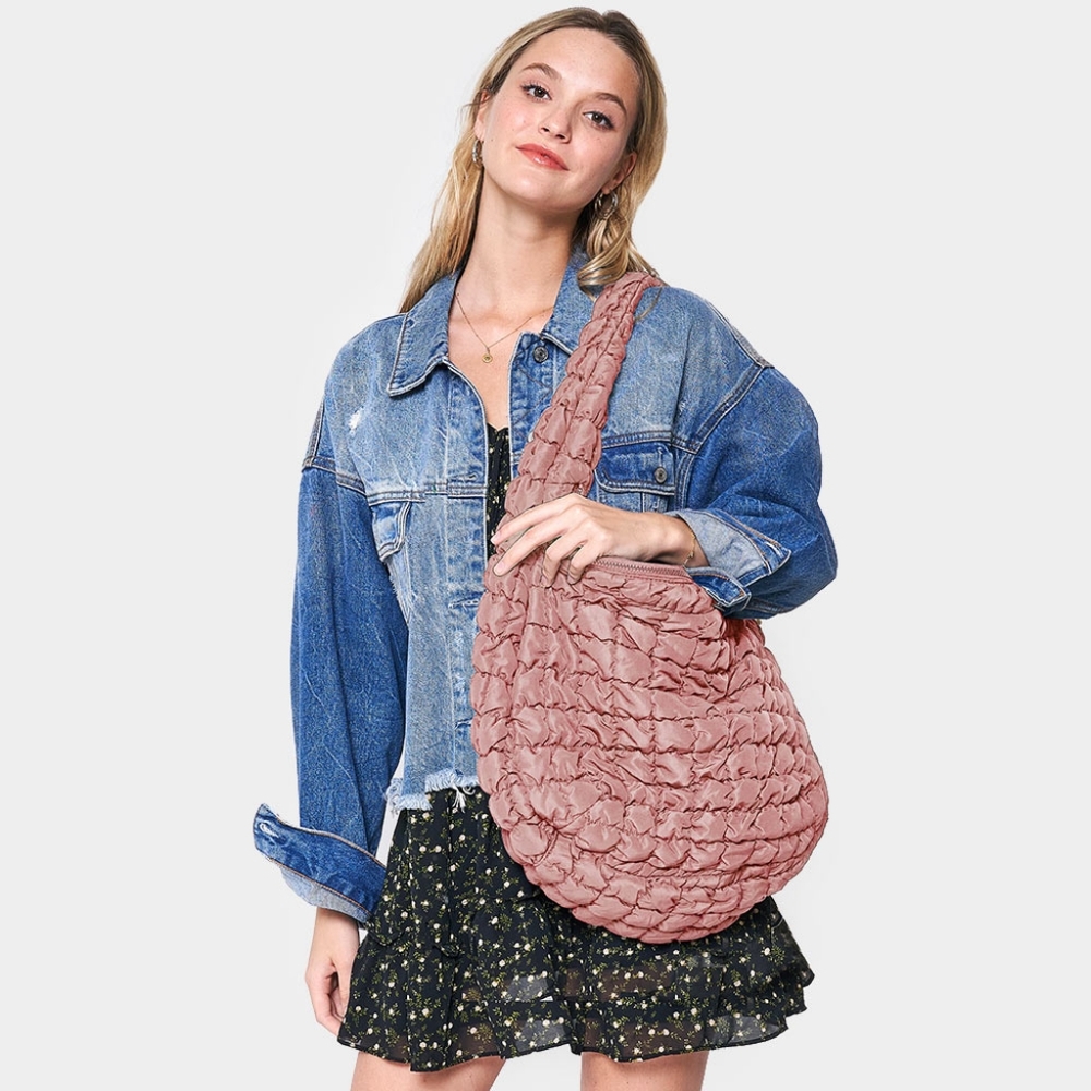 Pink Puffer Hobo Bag Purse Quilted Shoulder Womens Fashion Accessory Crossbody